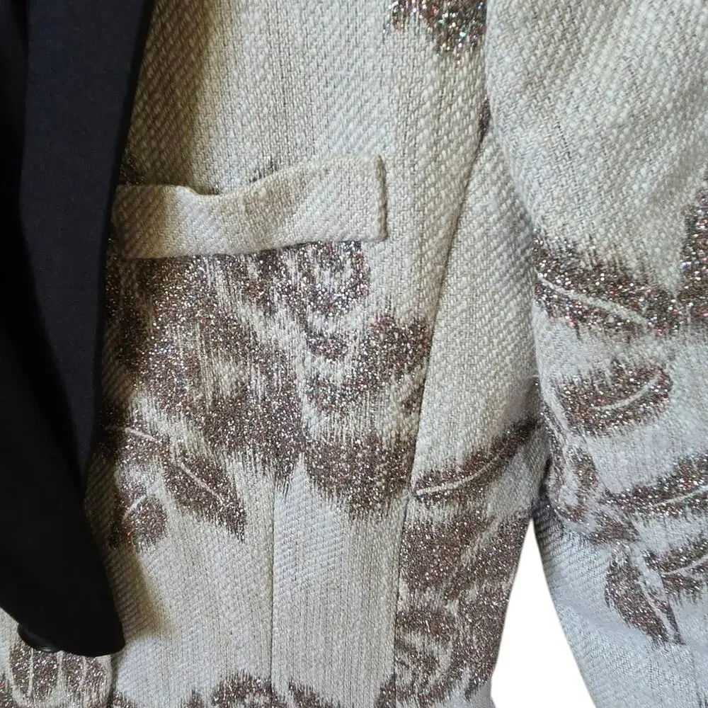Smythe Tan Metallic Glitter Rose Contrast Lapel Wool Linen‎ Blend Blazer Size 4